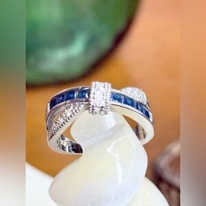 Sterling Silver Bypass Ring w/ Blue Princess Cut & Clear Stones–Size 11.5